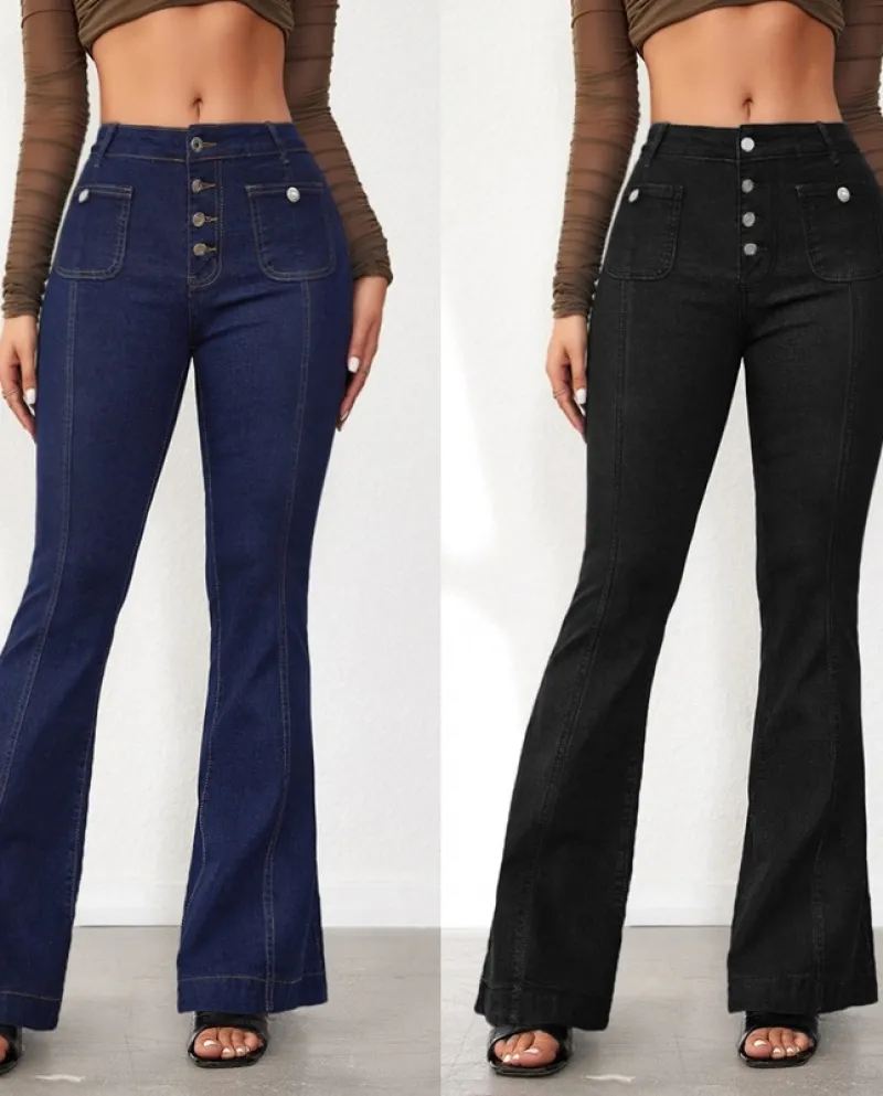 2024 Spring New Style Buttoned Slim Fit Bootcut Jeans For Women High Waist Spliced ​​trousers In Stock