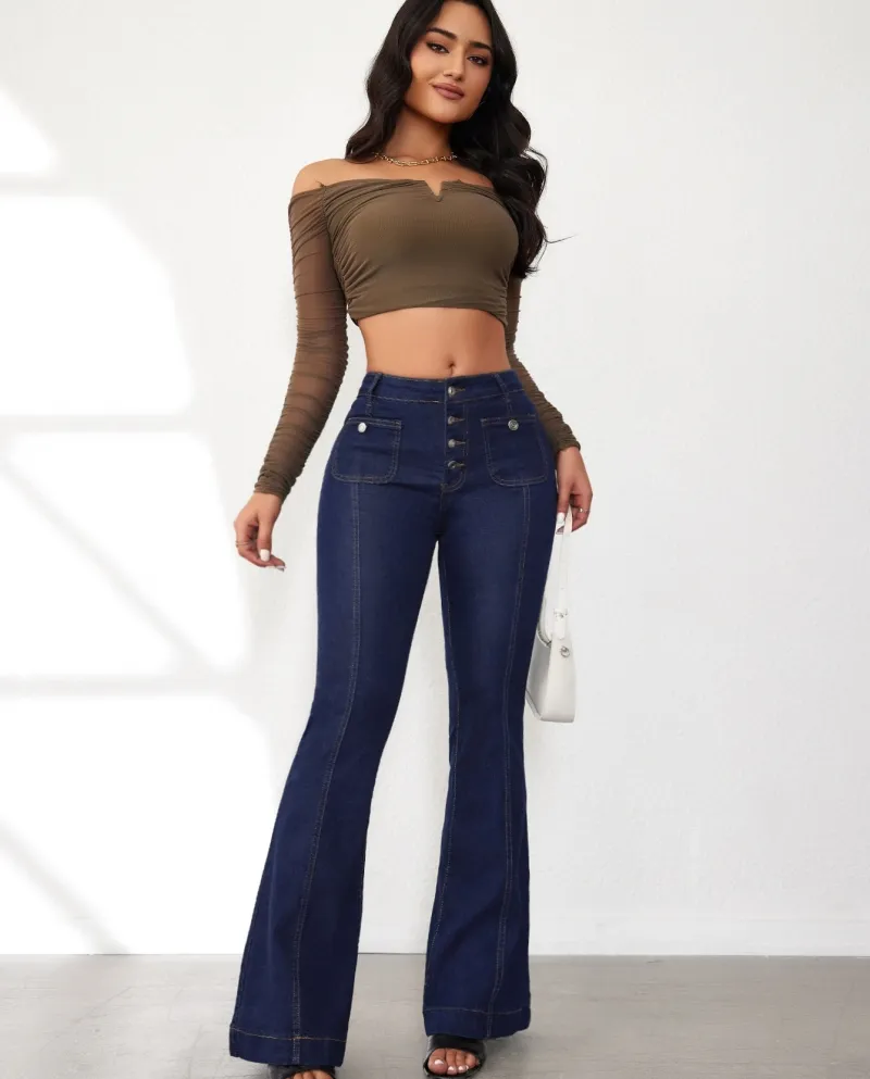 2024 Spring New Style Buttoned Slim Fit Bootcut Jeans For Women High Waist Spliced ​​trousers In Stock