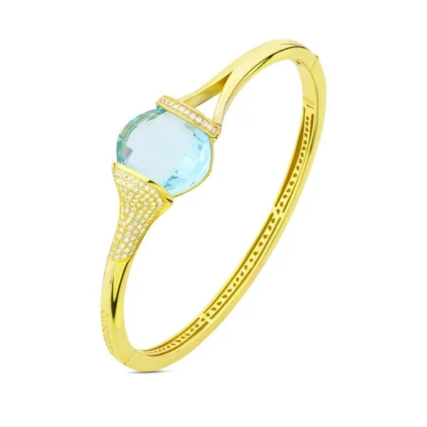 BBR108DA Bracciale in argento placcato oro giallo rigido con cristallo acquamarina grande e zirconi    