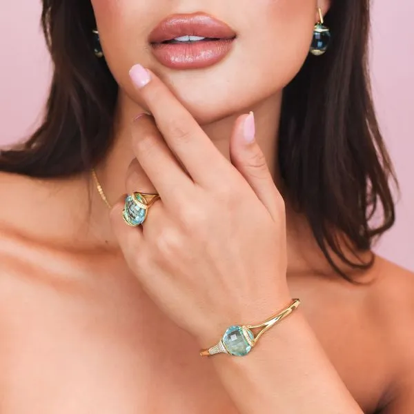 BBR108DA Bracciale in argento placcato oro giallo rigido con cristallo acquamarina grande e zirconi    