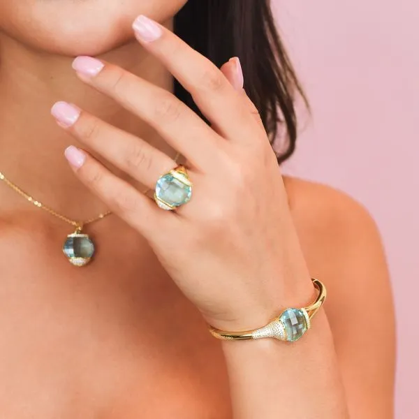 BBR108DA Bracciale in argento placcato oro giallo rigido con cristallo acquamarina grande e zirconi    