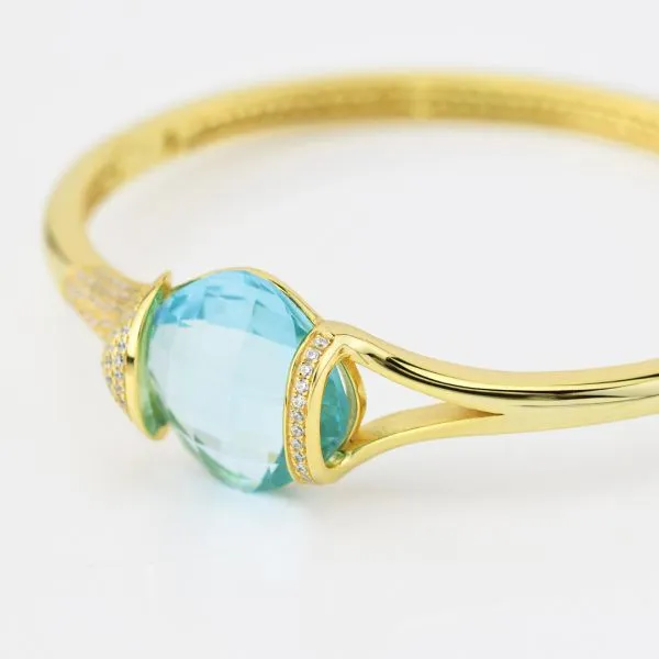 BBR108DA Bracciale in argento placcato oro giallo rigido con cristallo acquamarina grande e zirconi    