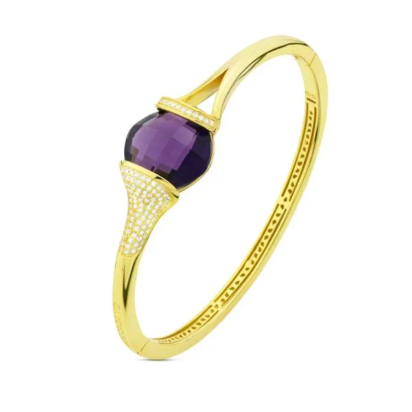 BBR108DV Bracciale in argento rigido placcato oro giallo con cristallo ametista da mm 14 e zirconi    