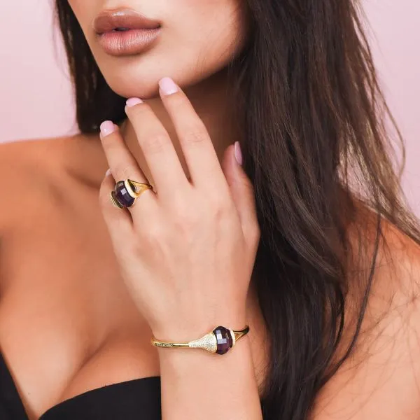 BBR108DV Bracciale in argento rigido placcato oro giallo con cristallo ametista da mm 14 e zirconi    