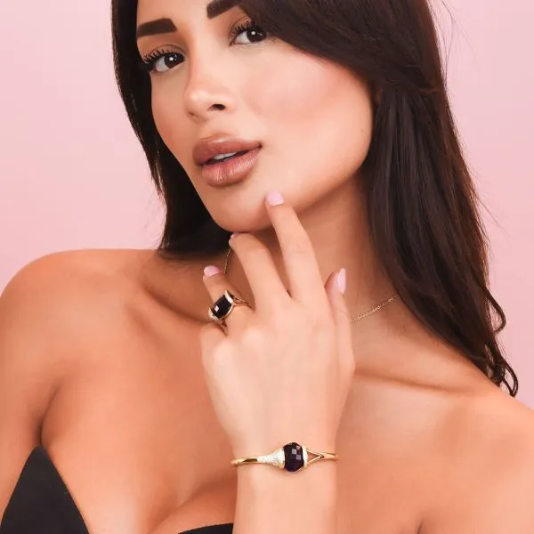 BBR108DV Bracciale in argento rigido placcato oro giallo con cristallo ametista da mm 14 e zirconi    