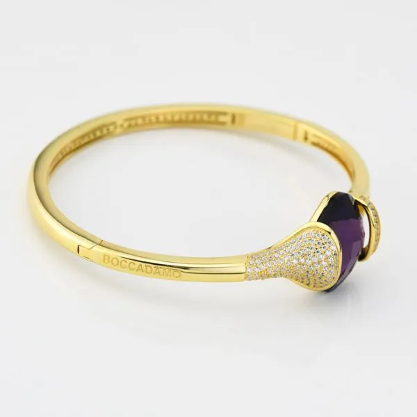 BBR108DV Bracciale in argento rigido placcato oro giallo con cristallo ametista da mm 14 e zirconi    