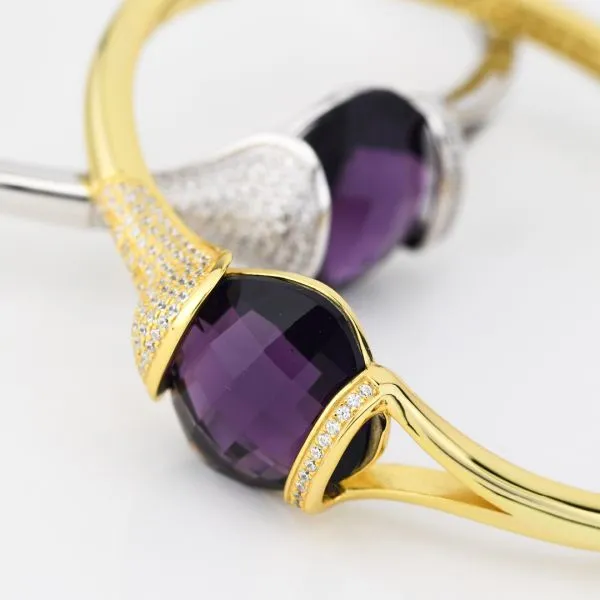BBR108DV Bracciale in argento rigido placcato oro giallo con cristallo ametista da mm 14 e zirconi    