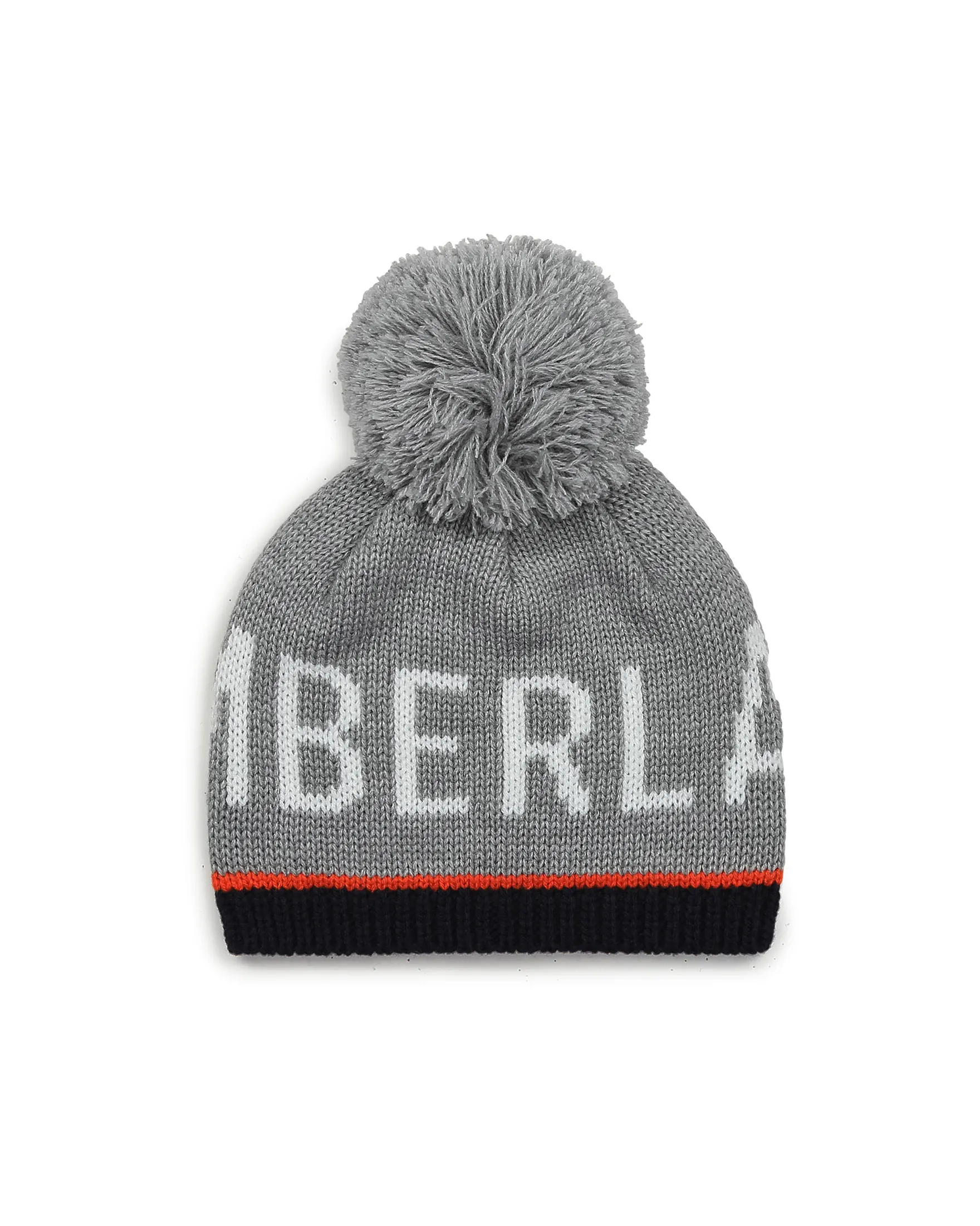 Berretto grigio con logo bianco e bordino blu e arancio con pompon 46-50