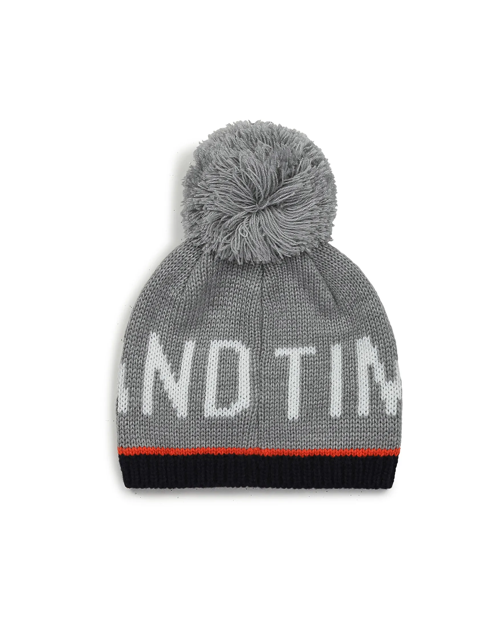 Berretto grigio con logo bianco e bordino blu e arancio con pompon 46-50