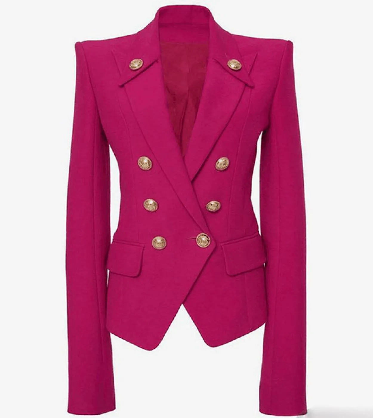 Blazer da donna rosso rosa di alta qualità Nuova giacca autunnale Bottoni doppiopetto in metallo dorato classico Blazer fucsia d