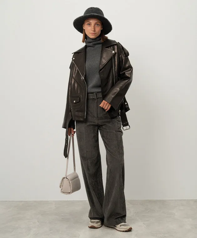 Brunello Cucinelli Pantaloni di velluto a coste grigi con cintura MD574P8692