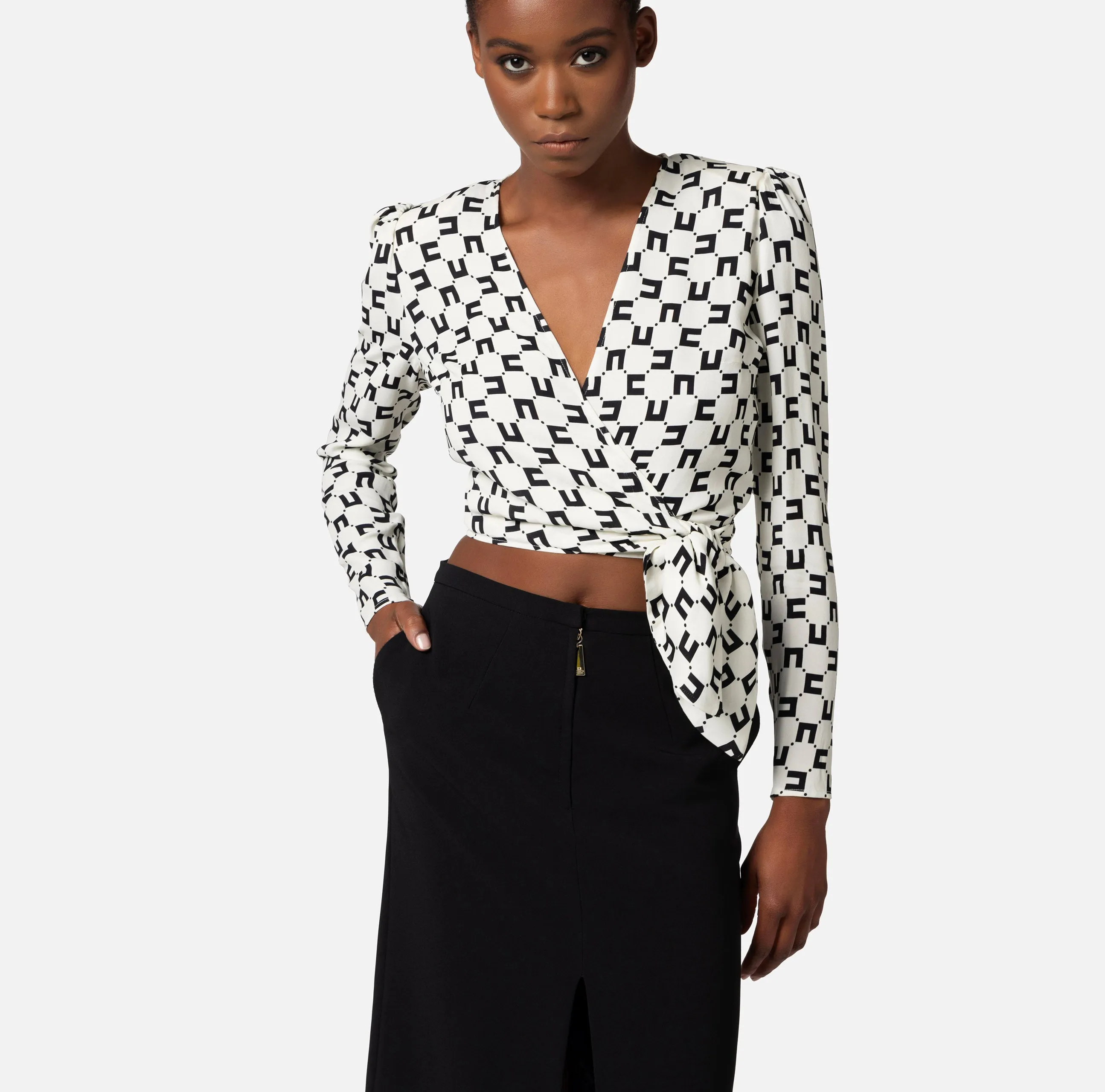 Camicia cropped in georgette di viscosa stampa logo con nodo Elisabetta Franchi CAS4141E2