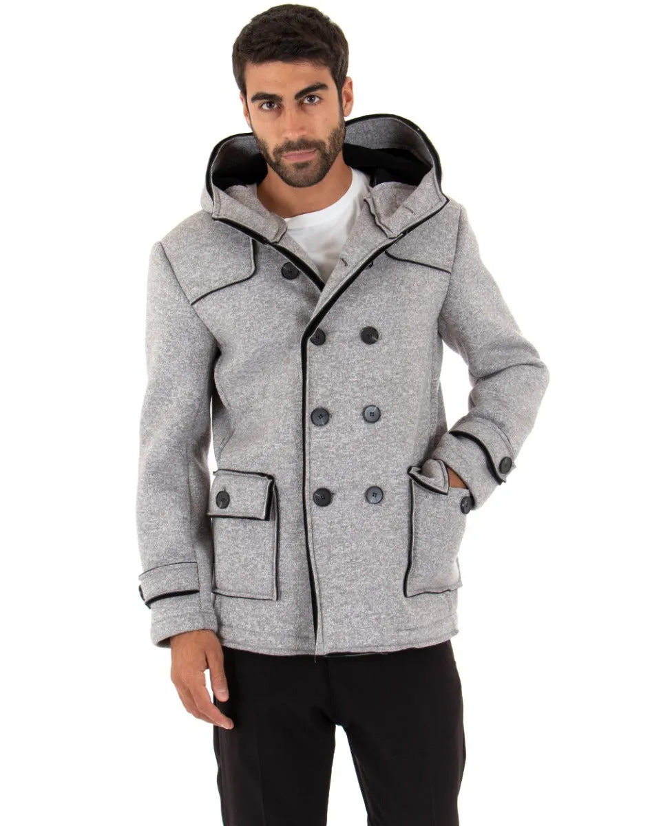Cappotto Doppiopetto Uomo Giacca Giaccone Con Cappuccio Grigio Giubbotto Elegante GIOSAL-G2652A