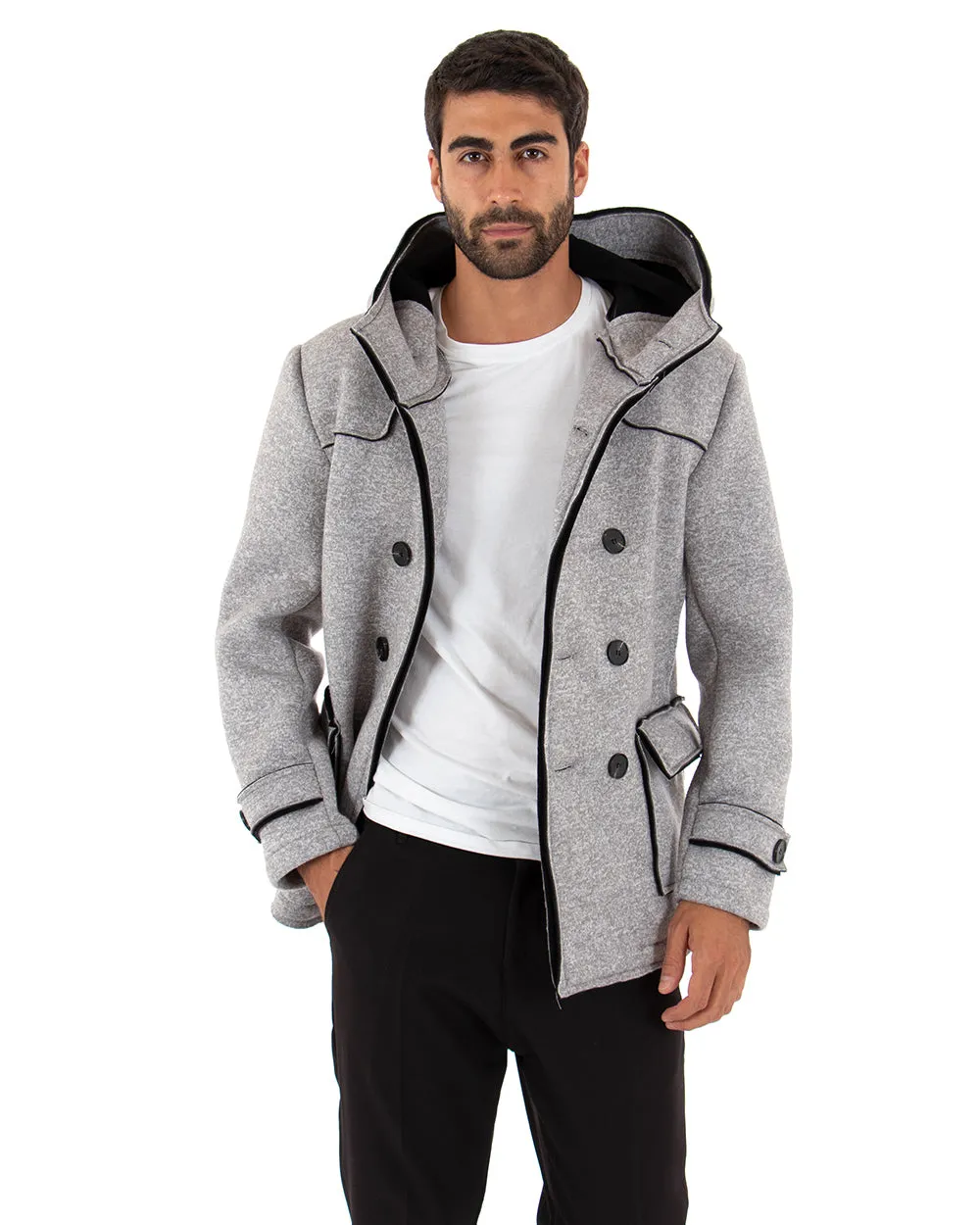 Cappotto Doppiopetto Uomo Giacca Giaccone Con Cappuccio Grigio Giubbotto Elegante GIOSAL-G2652A