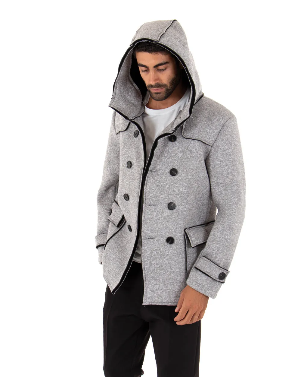 Cappotto Doppiopetto Uomo Giacca Giaccone Con Cappuccio Grigio Giubbotto Elegante GIOSAL-G2652A