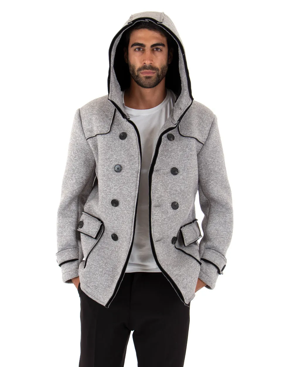 Cappotto Doppiopetto Uomo Giacca Giaccone Con Cappuccio Grigio Giubbotto Elegante GIOSAL-G2652A