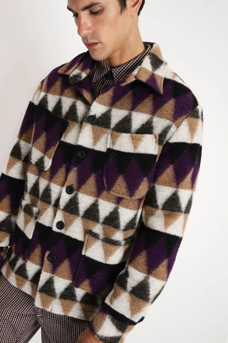 Cappotto fantasia geometrica con colletto e abbottonatura