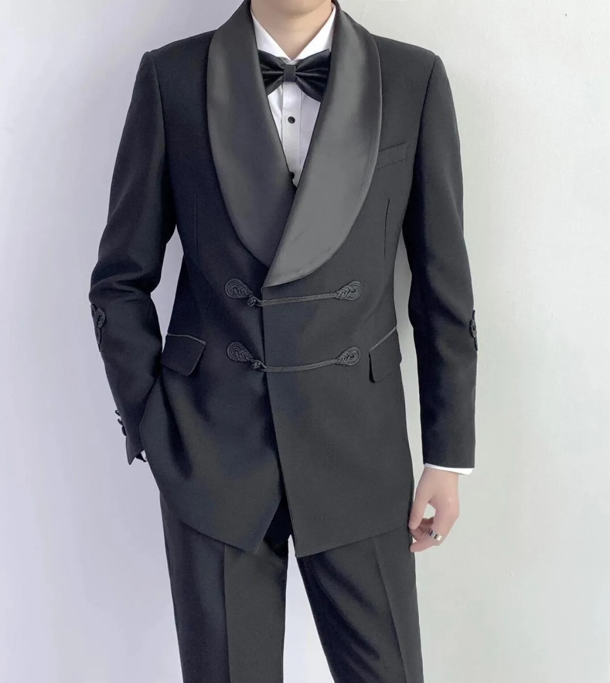 Cinese Moda Uomo Nero Abiti 2 Pezzi Giacca Pantalone Terno Masculino Sposo Matrimonio Prom Blazer Costume Homme Double Brea