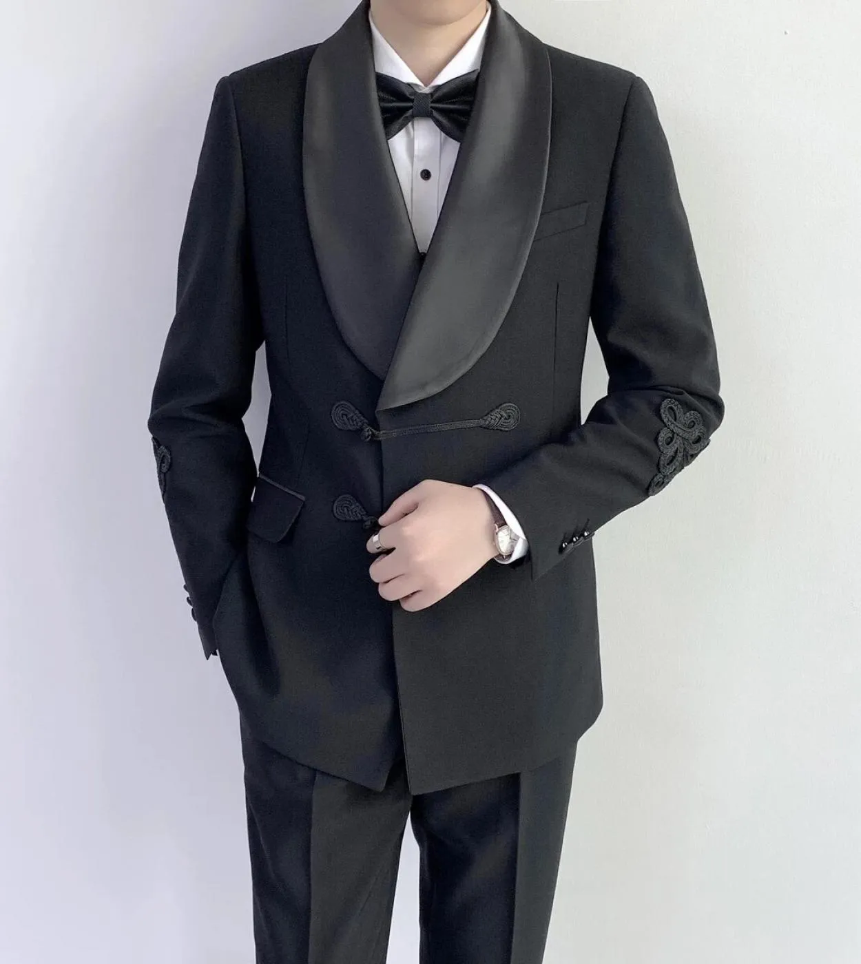Cinese Moda Uomo Nero Abiti 2 Pezzi Giacca Pantalone Terno Masculino Sposo Matrimonio Prom Blazer Costume Homme Double Brea