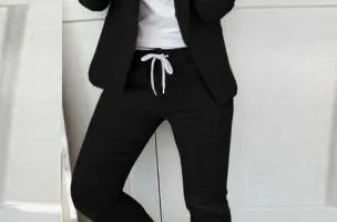 Completo di pantaloni e blazer elegante senza lettere Estrena, nero-nero
