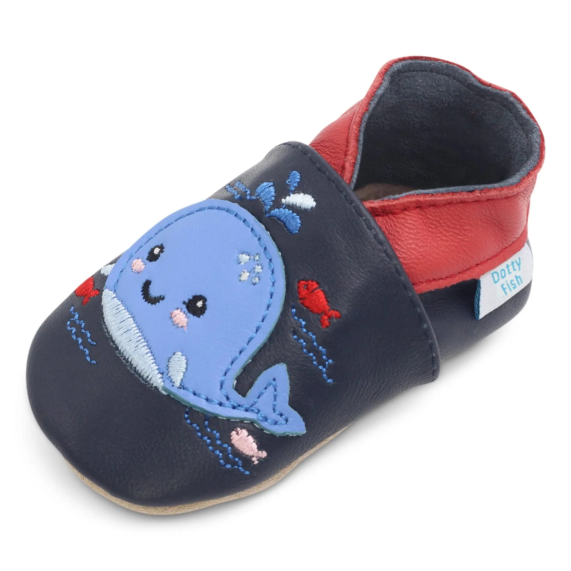 Dotty Fish Scarpine in Pelle Prima Infanzia. Scarpe Bimbi per Primi Passi con Suola Scamosciata. Balena Blu Navy. 12-18 Mesi (21