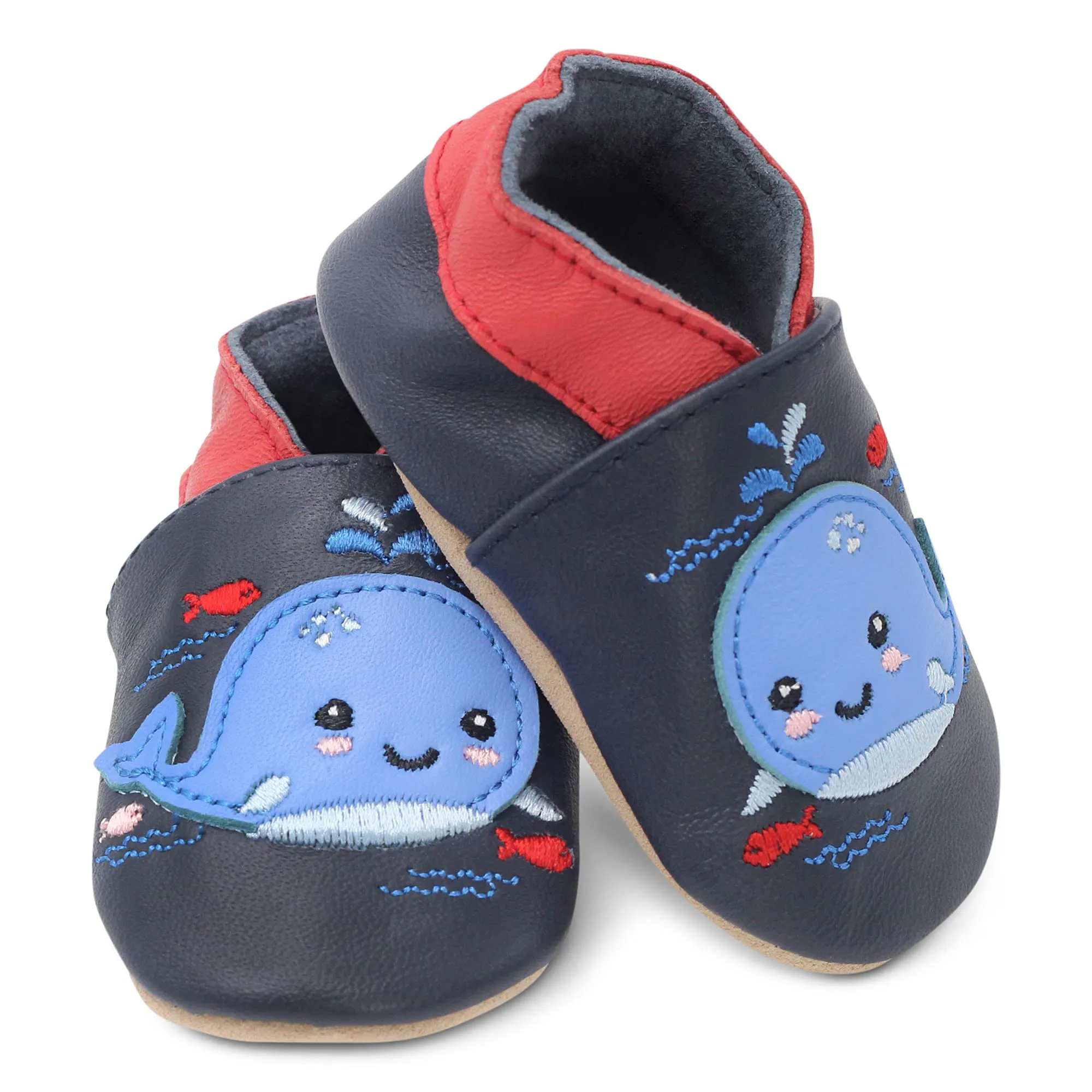 Dotty Fish Scarpine in Pelle Prima Infanzia. Scarpe Bimbi per Primi Passi con Suola Scamosciata. Balena Blu Navy. 12-18 Mesi (21