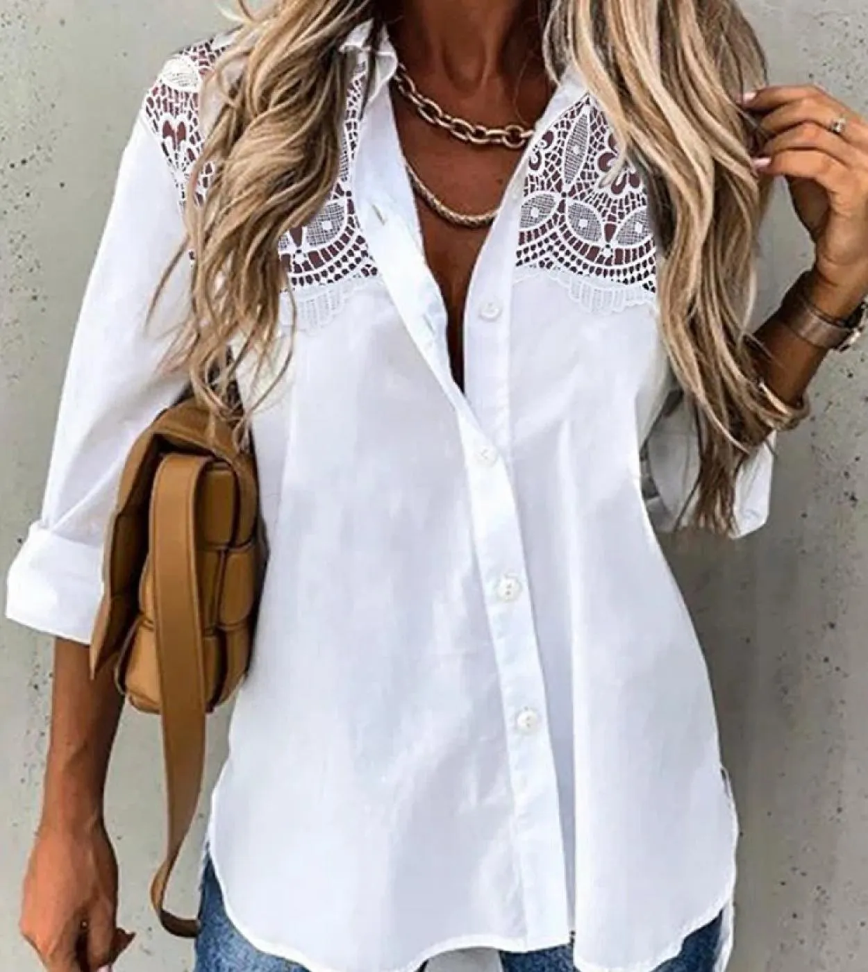 Elegante camicia patchwork in pizzo con ricamo camicetta cava da donna primavera estate 2023 top a maniche lunghe Blusas allenta