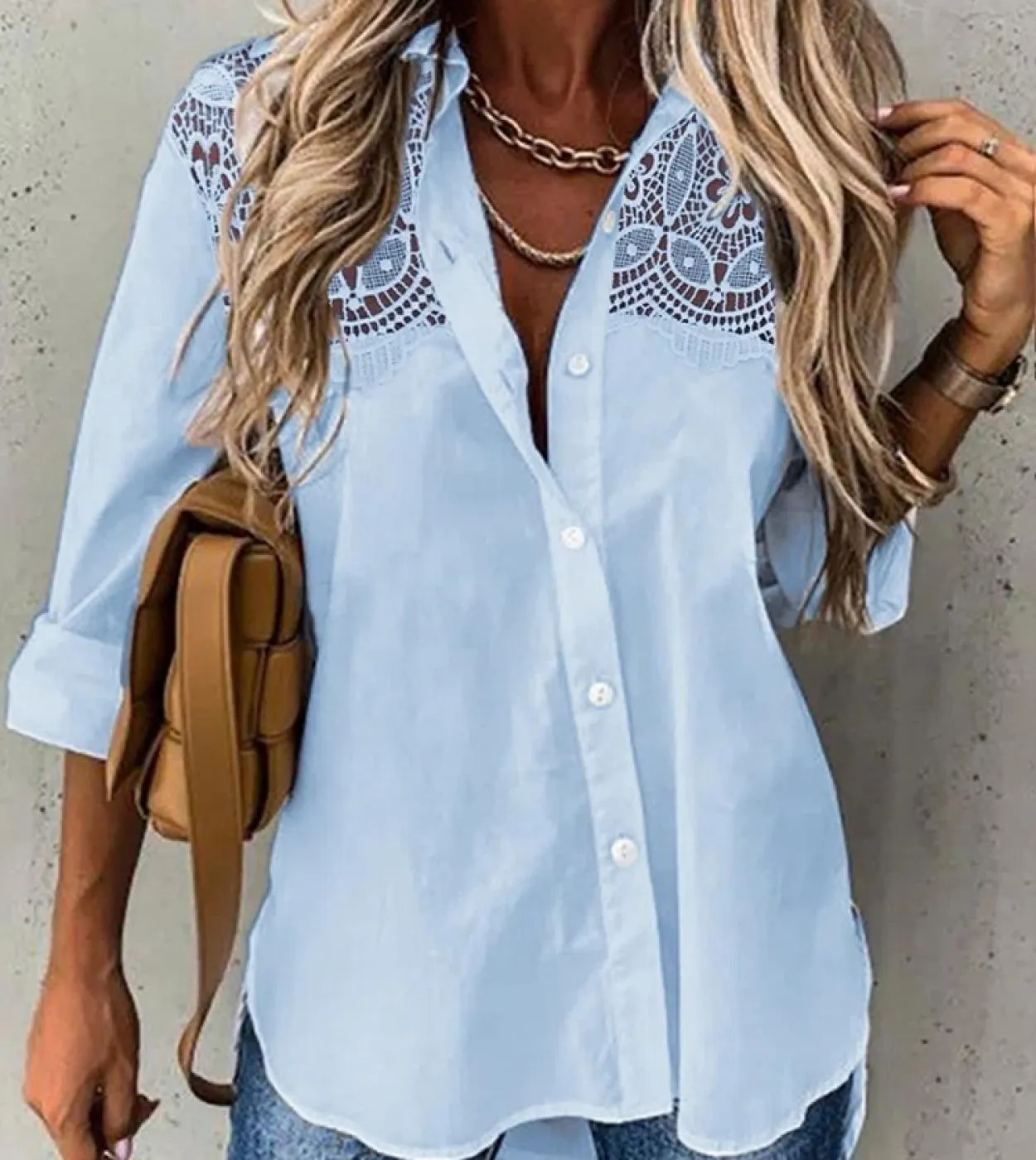 Elegante camicia patchwork in pizzo con ricamo camicetta cava da donna primavera estate 2023 top a maniche lunghe Blusas allenta
