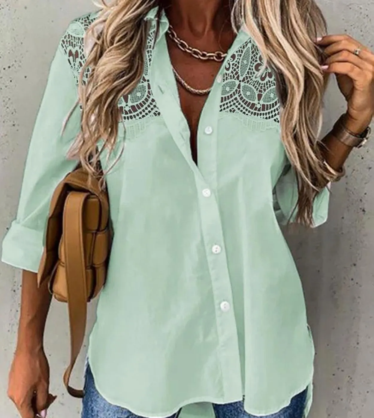 Elegante camicia patchwork in pizzo con ricamo camicetta cava da donna primavera estate 2023 top a maniche lunghe Blusas allenta