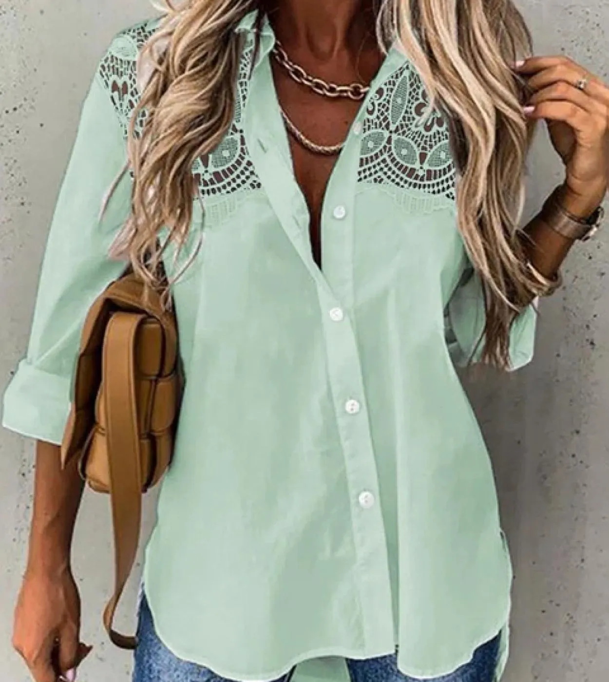 Elegante camicia patchwork in pizzo con ricamo camicetta cava da donna primavera estate 2023 top a maniche lunghe Blusas allenta