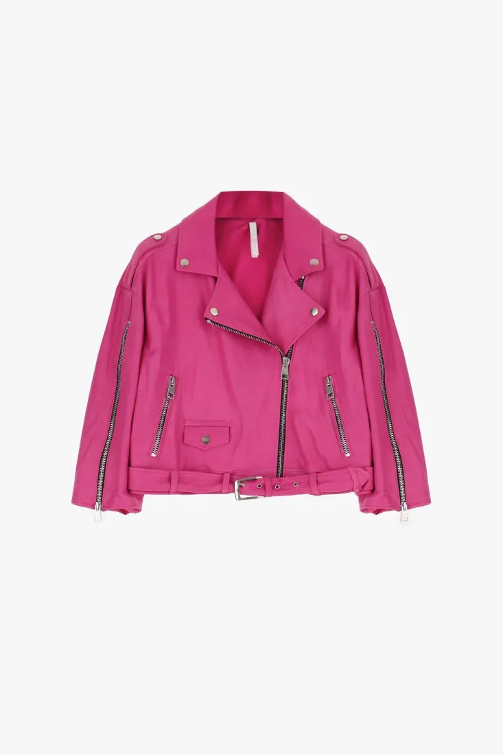 Giubbotto in vera pelle modello biker con zip e cintura