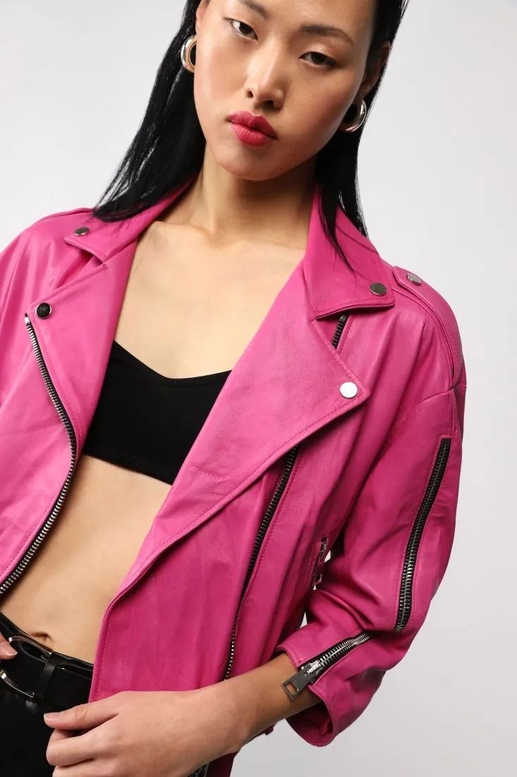 Giubbotto in vera pelle modello biker con zip e cintura