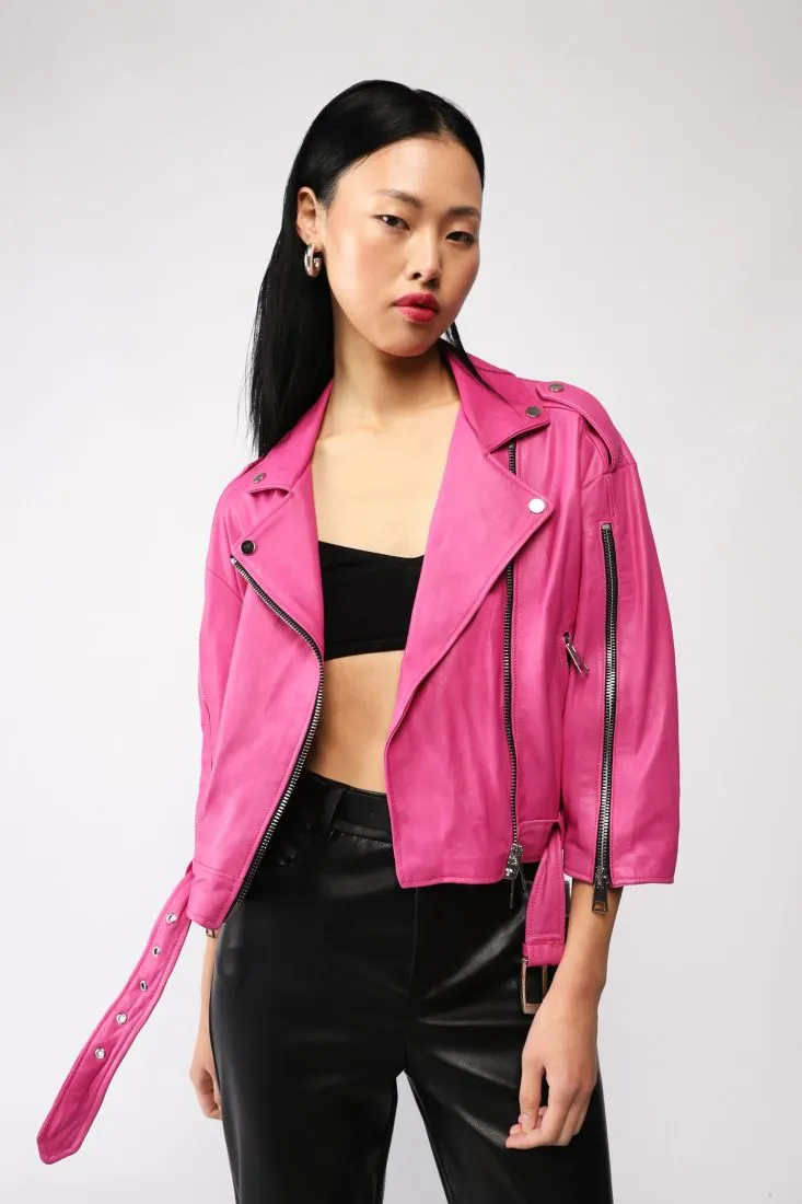 Giubbotto in vera pelle modello biker con zip e cintura