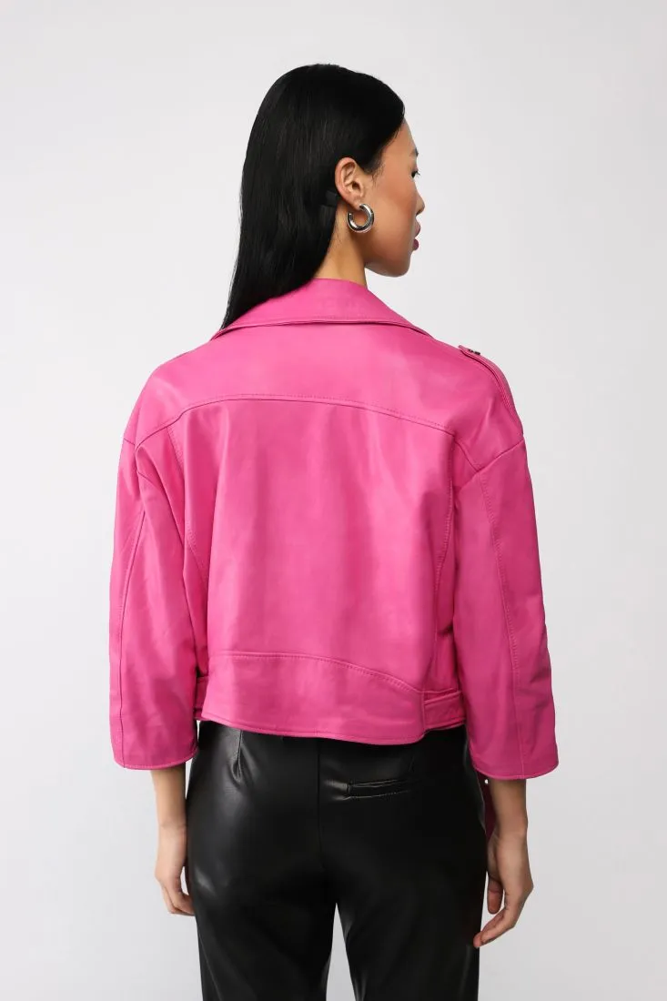 Giubbotto in vera pelle modello biker con zip e cintura