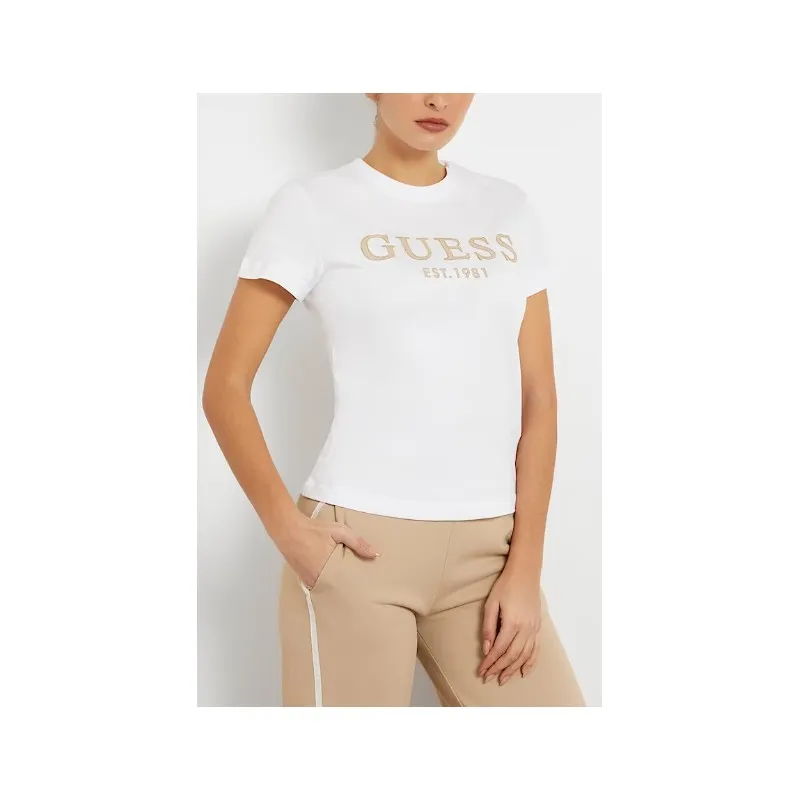 Guess Nyra Ss T-Shirt Pure White T-Shirt M/M Bianca Scritta Oro Donna