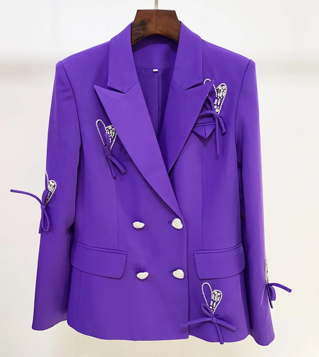 High Street Newest Designer Jacket Womens Purple Double Breasted Diamonds Heart Buttons Blazer con perline allingrossoja