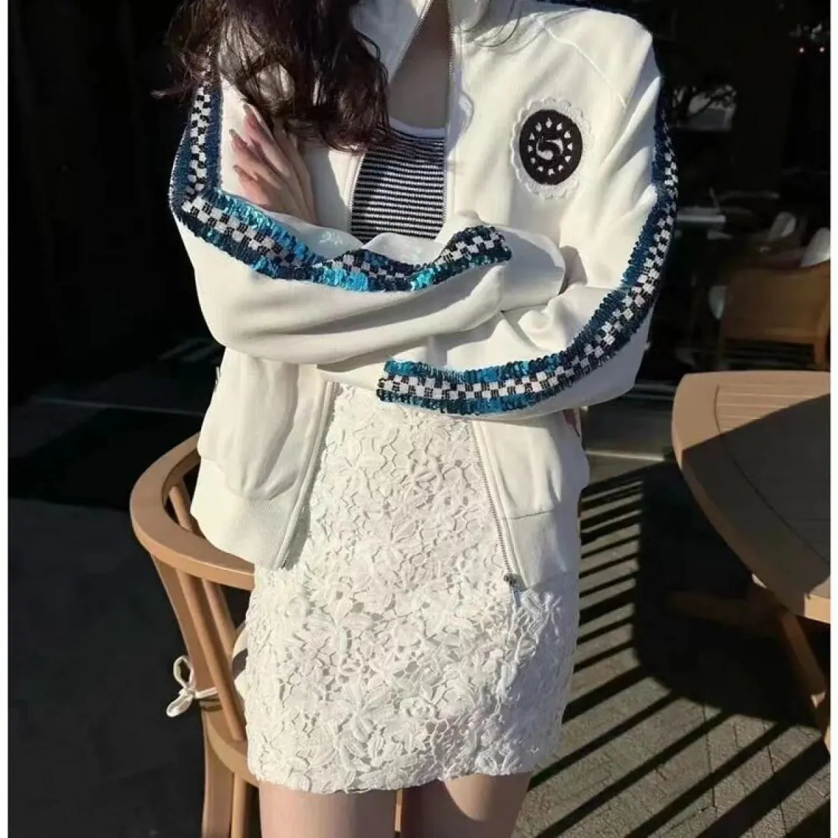 High Street Newest Fashion 2023 Spring Designer Jacket Giacca da baseball da donna con colletto alla coreana ricamato con paille