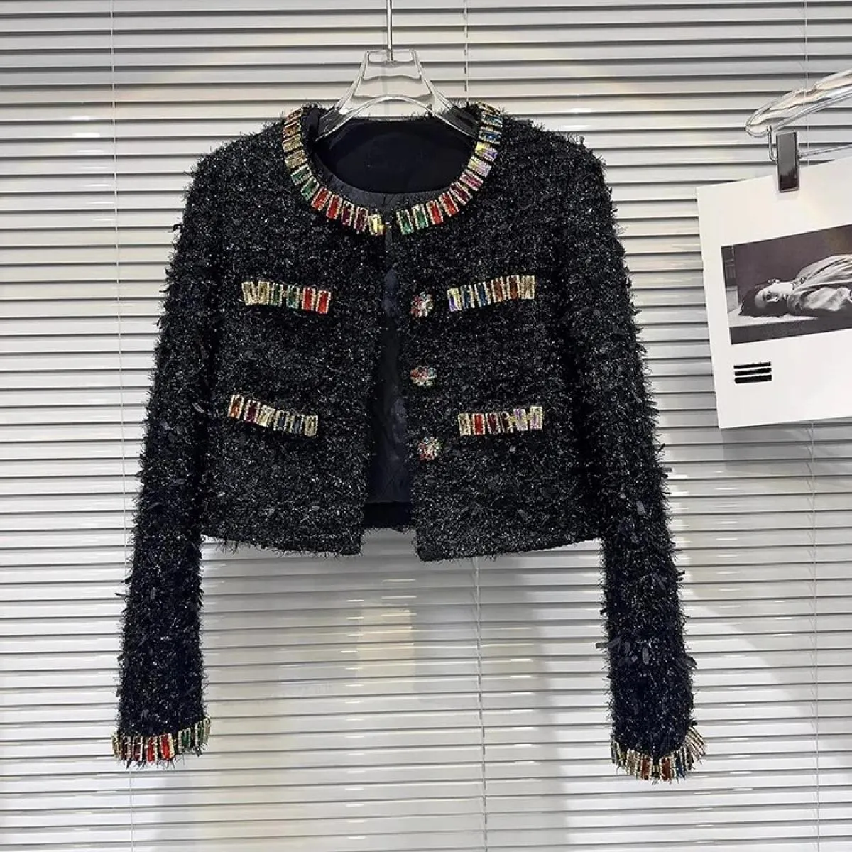 High Street più recente 2023 Autunno Inverno Designer Moda Donna Giacca di tweed ruvida con borchie di diamanti colorati