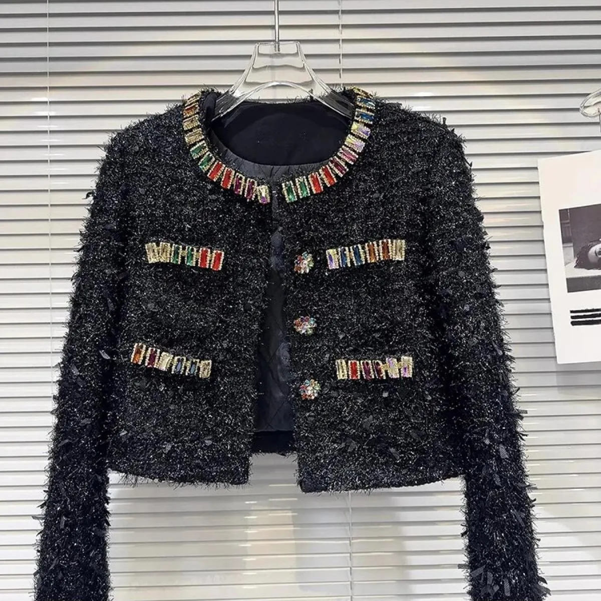 High Street più recente 2023 Autunno Inverno Designer Moda Donna Giacca di tweed ruvida con borchie di diamanti colorati
