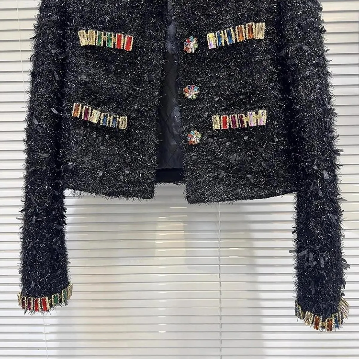 High Street più recente 2023 Autunno Inverno Designer Moda Donna Giacca di tweed ruvida con borchie di diamanti colorati