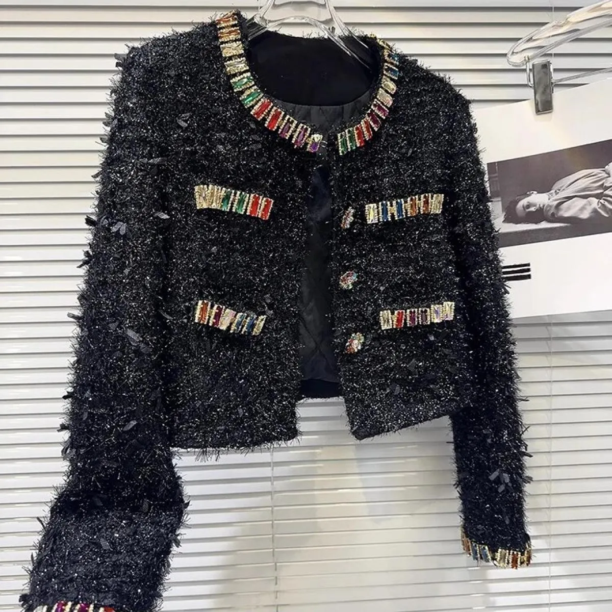 High Street più recente 2023 Autunno Inverno Designer Moda Donna Giacca di tweed ruvida con borchie di diamanti colorati