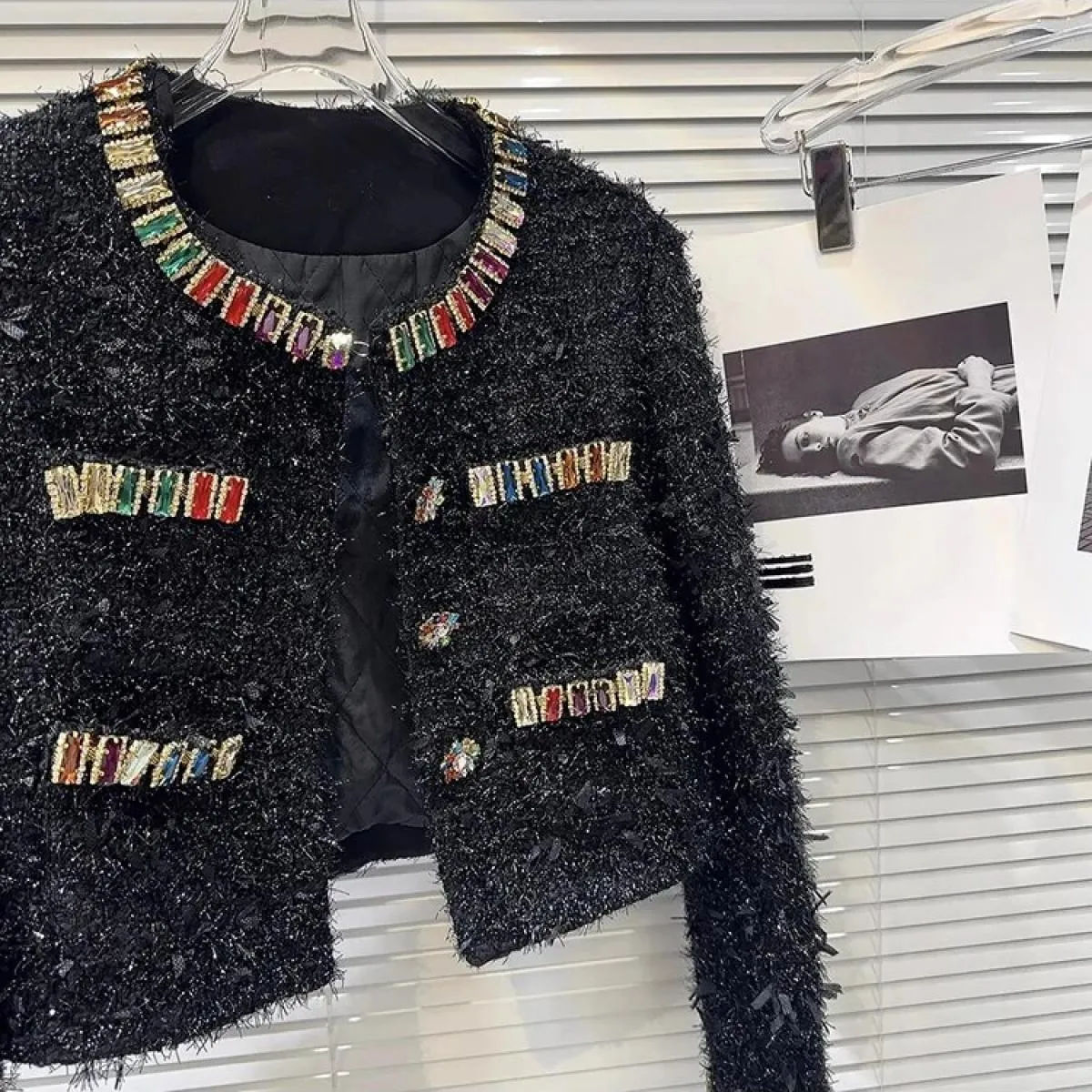 High Street più recente 2023 Autunno Inverno Designer Moda Donna Giacca di tweed ruvida con borchie di diamanti colorati