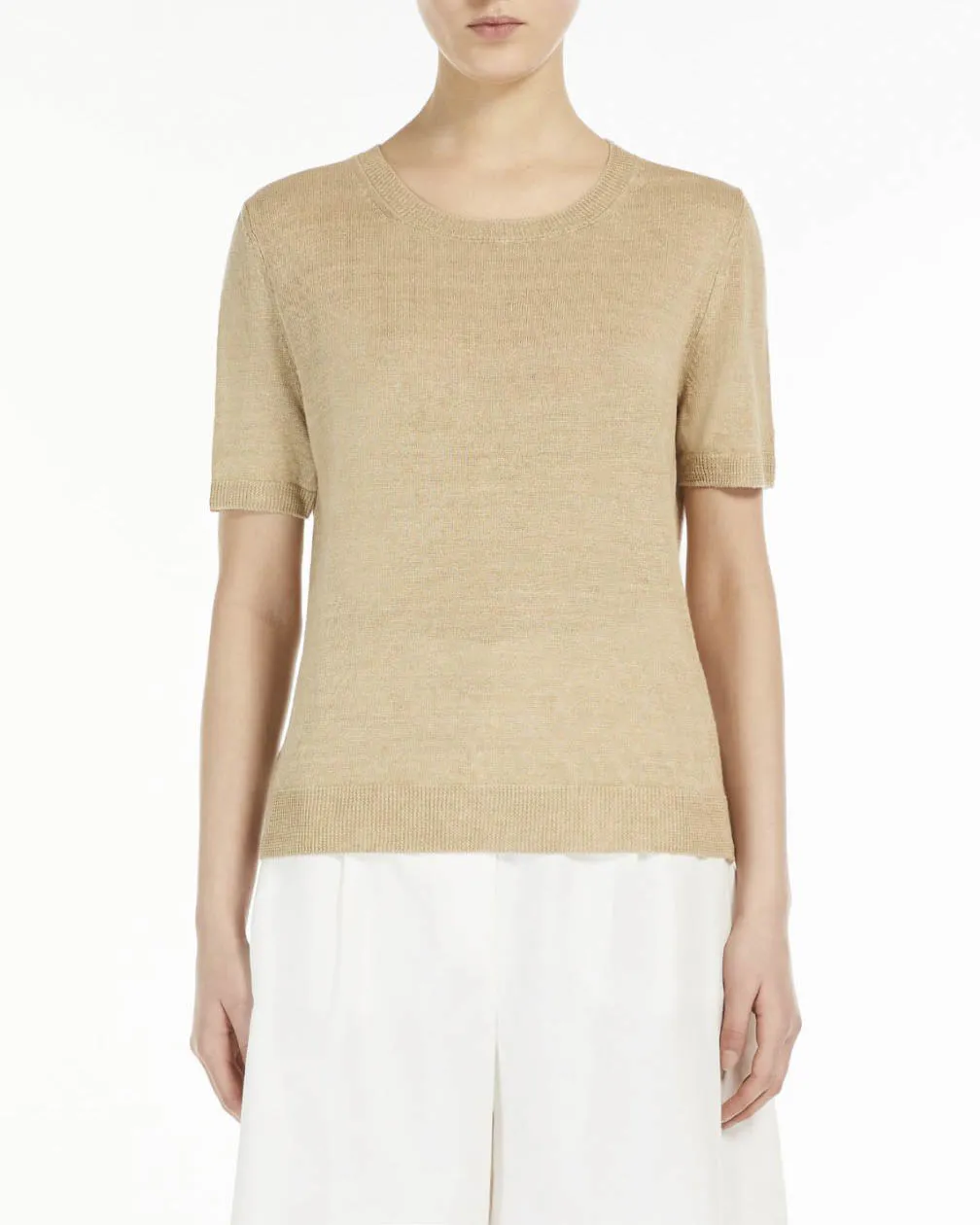 Maglia color grezzo in lino a maniche corte con scollo tondo