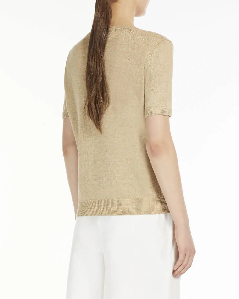 Maglia color grezzo in lino a maniche corte con scollo tondo