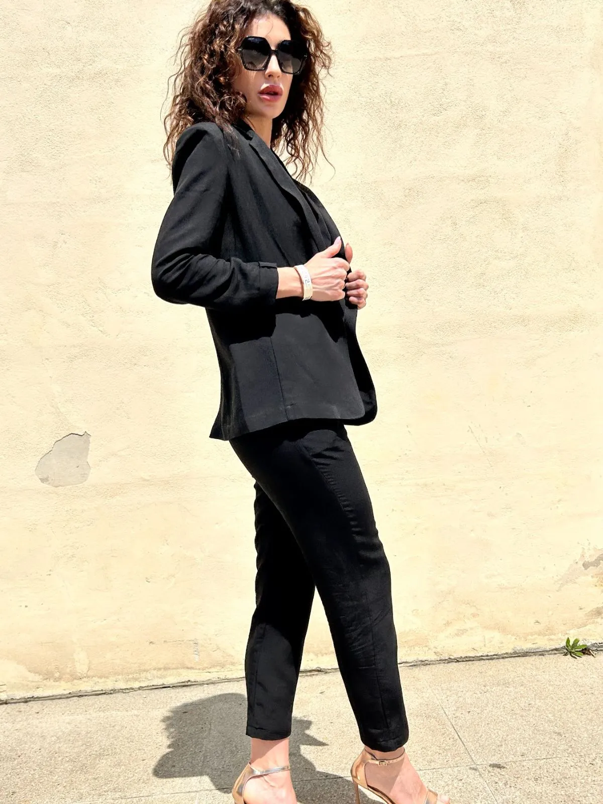 Pantalone viscosa e lino nero