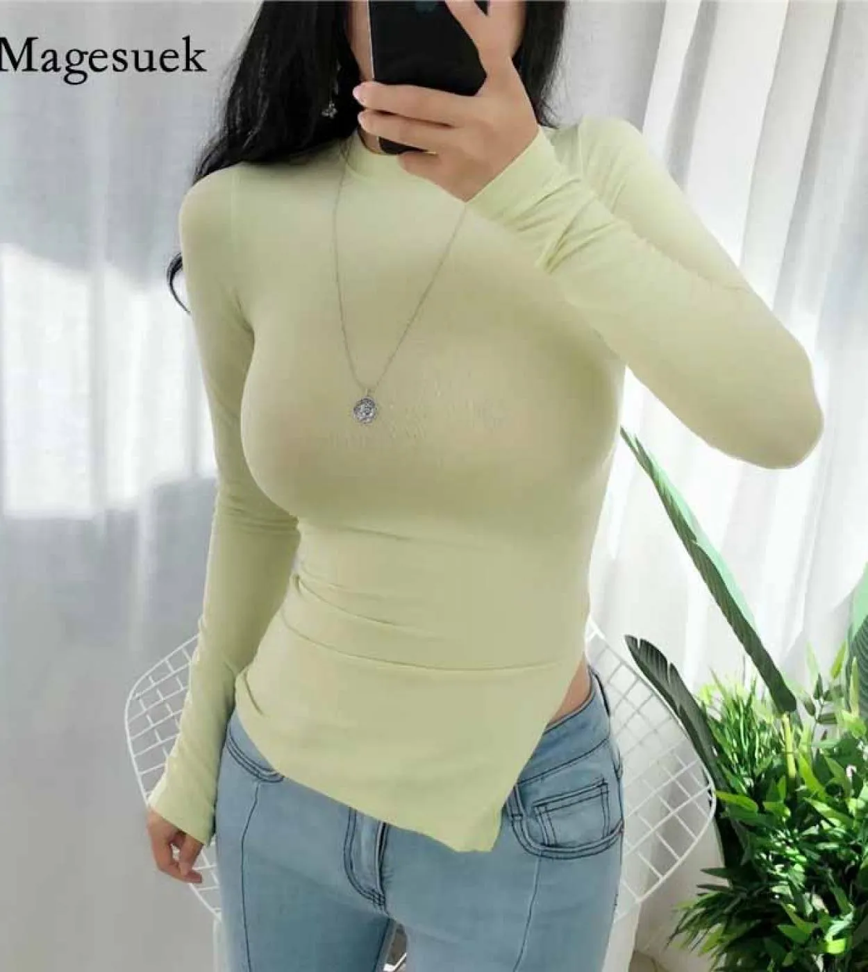 Rinfrescante Split Ends Slim Micro Through Bottoming T Shirt Manica lunga O Collo Pullover Camicia solida Blusas Mujer 10707t