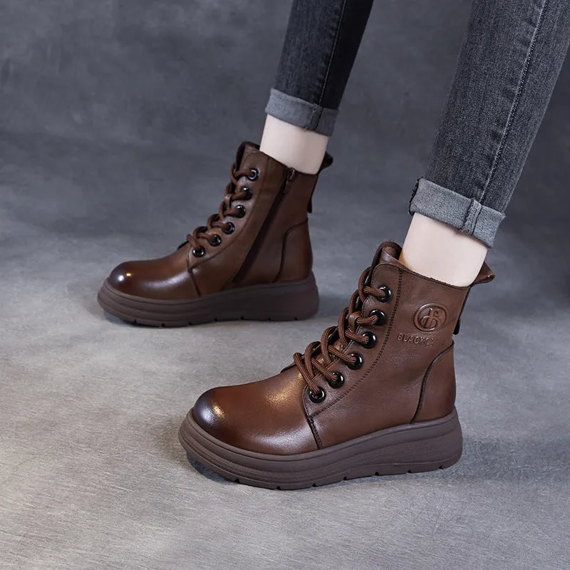 Stivaletti casual da donna in pelle tinta unita vintage