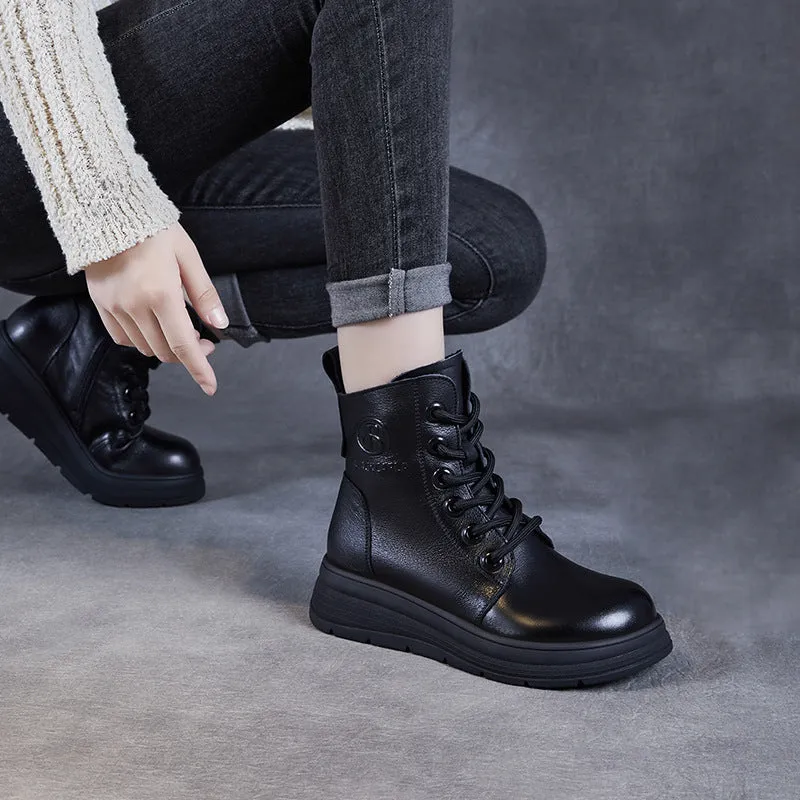 Stivaletti casual da donna in pelle tinta unita vintage