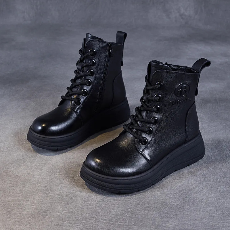 Stivaletti casual da donna in pelle tinta unita vintage