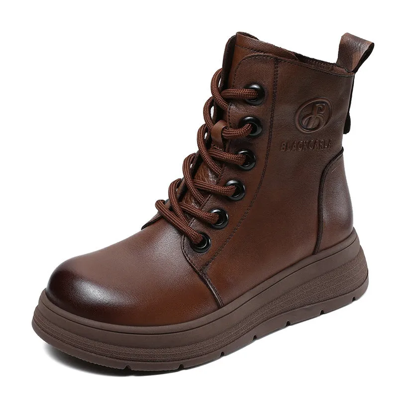 Stivaletti casual da donna in pelle tinta unita vintage